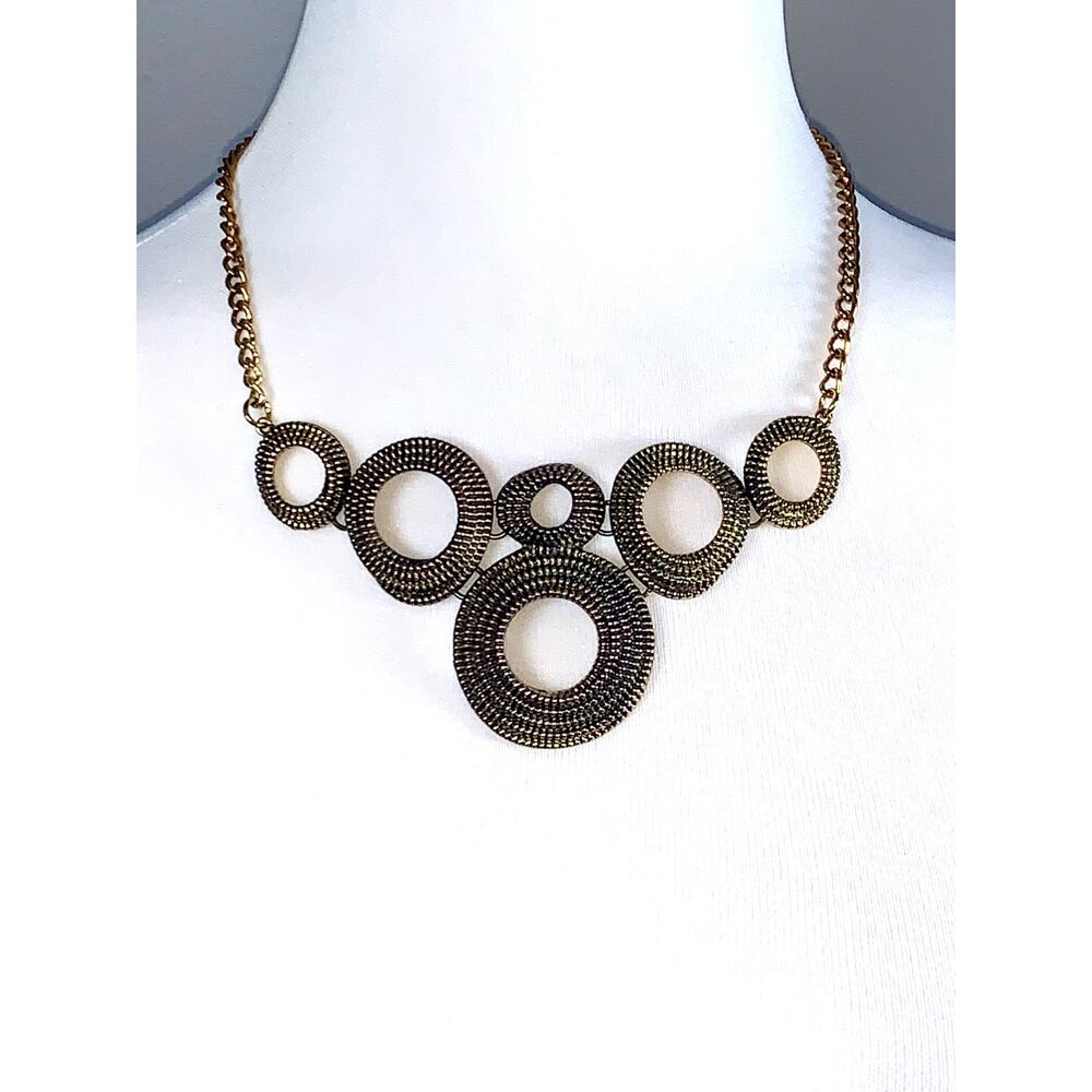 Retro 1960's Antique Bronze Multi Circle Concentric Beading Statement Necklace